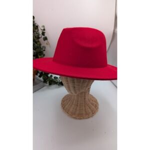 Red Wide Brim Wool Felt Hat Fedora Style One Size Statement Hat
